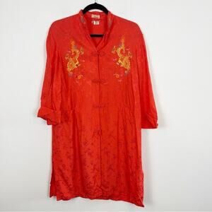 Vintage 60s 70s Golden Bee 100% Rayon Chinese Embroidered Robe Red One Size